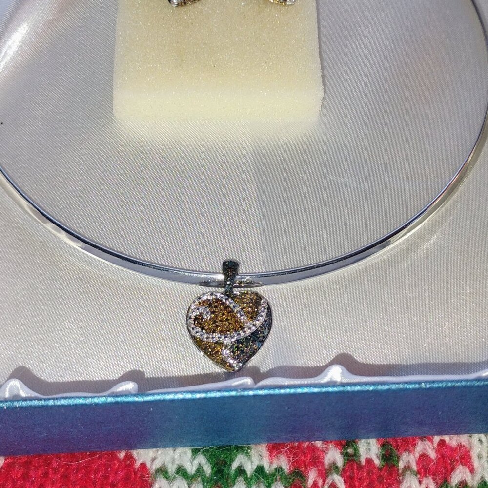 Multicolor diamond heart earrings and pendant set in sterling silver